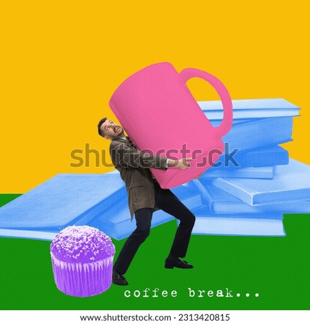 Employee, office worker carrying giant coffee cup during lunch break. Energy for work. Contemporary art collage. Concept of business and leisure time, motivation and rest. Creative colorful design