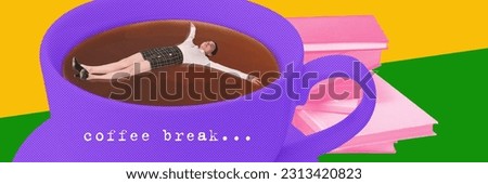 Happy, smiling young woman, office worker in formal wear lying into cup with coffee and resting. Contemporary art collage. Concept of business and leisure time, motivation and rest. Creative design