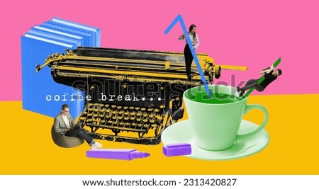 Concentrated young people, employees working in office, having lunch break with coffee, resting. Contemporary art collage. Concept of business and leisure time, motivation and rest. Colorful design
