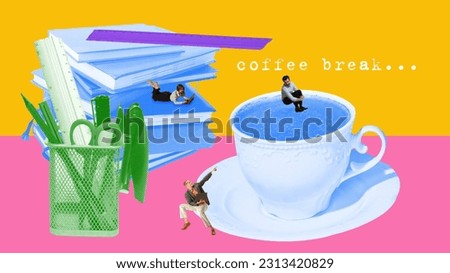 Coffee break. Employees, office workers jumping into coffee cup. Lunchtime. Contemporary art collage. Concept of business and leisure time, motivation and rest. Creative colorful design