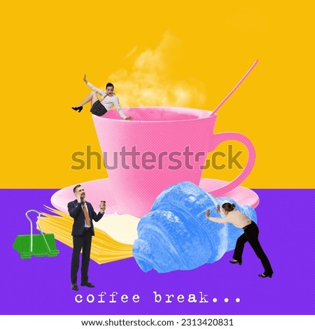 Coffee and lunch break., Office workers, employee drinking coffee, eating, talking on phone. Contemporary art collage. Business and leisure time, motivation and rest concept. Creative colorful design