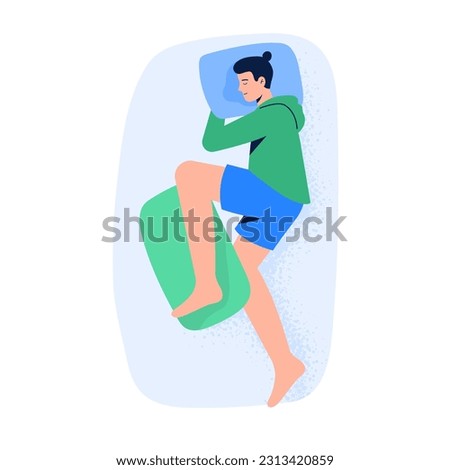 A man lying in a side pose during dream or relax. Top view of night sleeping position. Vector illustration in flat style isolated on white background.