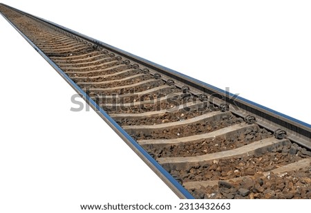 Railway Lines Isolated, Train Tracks with Track Ballast Stones, Metal Rails, Old Railway Track on White Background Royalty-Free Stock Photo #2313432663