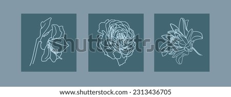 White flowers collection outline vector clipart. Flowers line art tattoo on blue background. Wedding Logo elements 