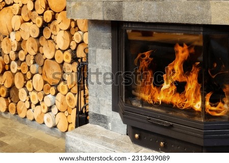 Stone Fireplace with Flames of burning fire, Rustic Style Cozy Home in Winter Royalty-Free Stock Photo #2313439089