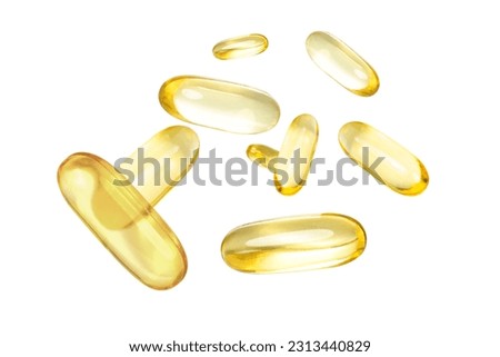 Yellow soft gel capsule levitate isolated on white background. Royalty-Free Stock Photo #2313440829