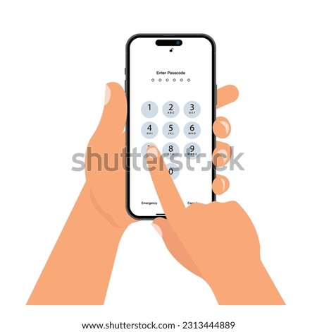 Hand holding smartphone with unlock screen and button. Flat design illustration of people hand holding smartphone with login screen and entering PIN code. Vector.
