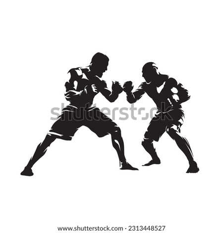 Two fighters standing up against each other, mma duel. Isolated vector silhouette, ink drawing Royalty-Free Stock Photo #2313448527