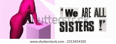 Cropped image of overweight female body over tribune. Claiming about sisterhood movement. Activism. Contemporary art collage. Concept of sisterhood, feminist, support, female friendship, acceptance Royalty-Free Stock Photo #2313454105