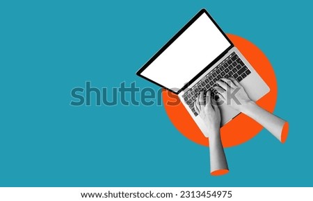 Contemporary art collage. Male hands typing on a laptop, working with financial analytics, growing virtual money. Concept of cryptocurrency, economy, modern technology, Internet. Creative design