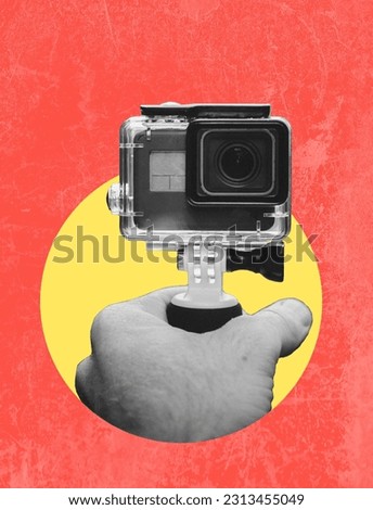 Art collage, a hand with a video camera filming itself. The concept of blogging and filming.