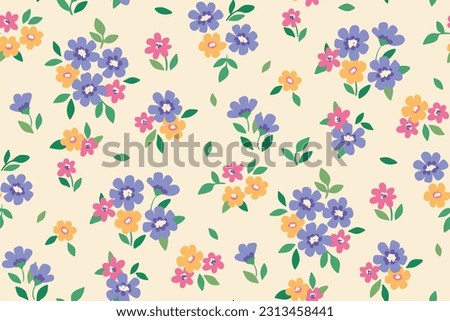 Seamless floral pattern, liberty ditsy print with cute summer meadow. Pretty botanical design for textile, paper: small hand drawn flowers, tiny leaves on a white background. Vector illustration. Royalty-Free Stock Photo #2313458441
