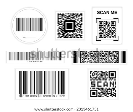 Barcodes and QR codes label Collection. duplicate code stripes stickers, digital bar labels, and retail pricing bars labeling stickers. Industrial dummy barcodes set, fake Quick Response codes, 
