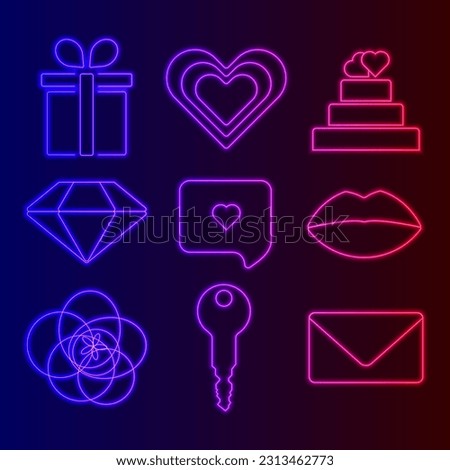 Happy Valentines Day neon icons set on the dark background. Vector objects