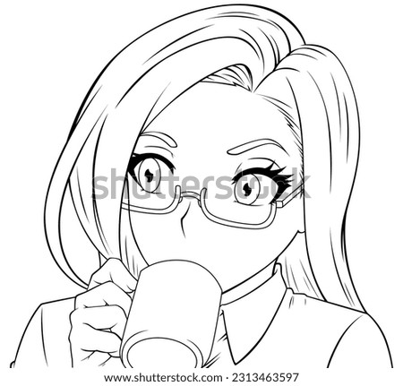 Manga style illustration of cute girl drinking tea or coffee from a mug.