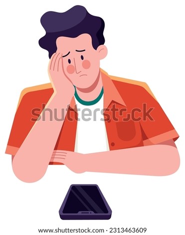 Flat design illustration of worried man sitting on the table and looking at his smartphone, waiting for it to ring.