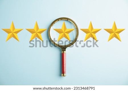 Customer using magnifier glass, focusing on five stars icon for rating service. Satisfaction evaluation survey and review. Excellent rating. User delivers feedback for good business network score.