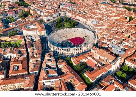 Verona Arena aerial panoramic view. Arena is a Roman amphitheatre in Piazza Bra square in Verona, Italy Royalty-Free Stock Photo #2313469001