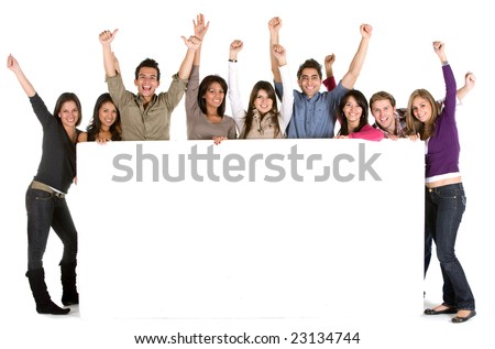 Large group of cheerful people holding a banner add isolated