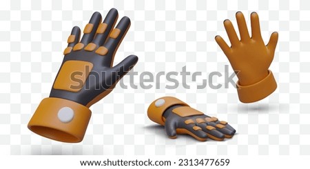 Set of 3D industrial protective gloves in different positions. Professional hand protection. Accessories for construction, repair. Vector image, gloves on left and right hand. Safety equipment Royalty-Free Stock Photo #2313477659