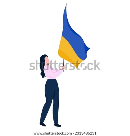  Illustration with a girl with the flag of Ukraine in her hands, vector