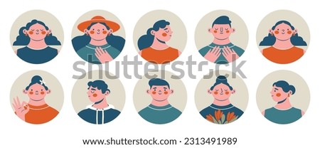 Round avatars, icons, logo templates. Portraits of diverse young people. Trendy modern arts. Cartoon, minimal, abstract contemporary style. Cute funny characters. Hand drawn vector clip arts
