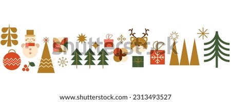 Christmas horizontal seamless border with winter holiday mosaic decorative elements. Geometry Christmas tree, gifts, snowmen, deer, snowflakes icons. Long repeat banner. New Year vector illustration