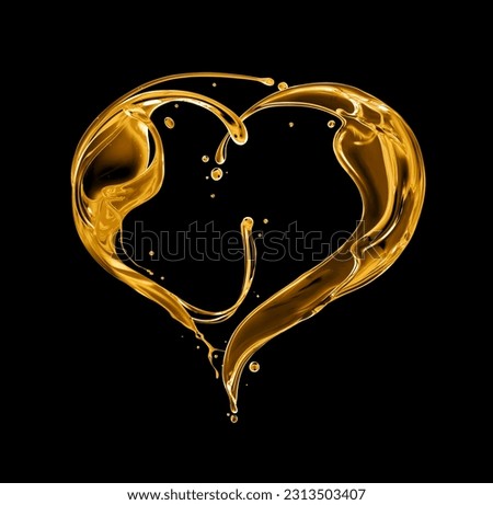 Olive or engine oil splashes in the shape of a heart isolated on a black background Royalty-Free Stock Photo #2313503407