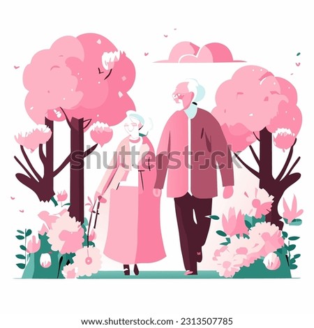 Old senior man and woman walking together. Grandparents together on walk at park in summer. grandmother with walker and grandfather cane among green field. Royalty-Free Stock Photo #2313507785