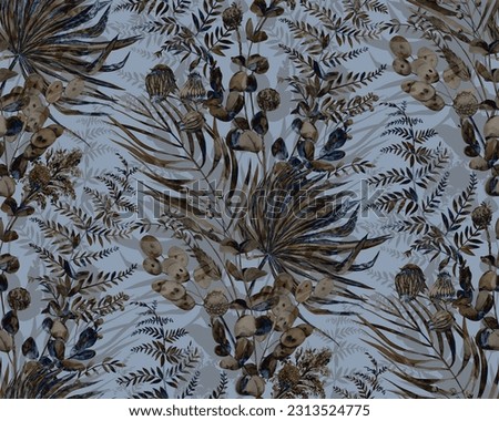 Seamless watercolor black and white pattern with graceful herbs and flowers for textile