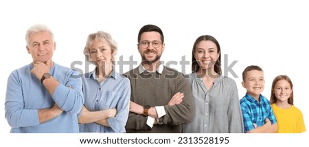 People of different ages on white background. Three generations of family