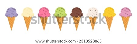 Various flavors of blueberry, strawberry, pistachio, almond, orange and chocolate ice cream in waffle cones on a white background. Summer and sweet menu concept. Royalty-Free Stock Photo #2313528865