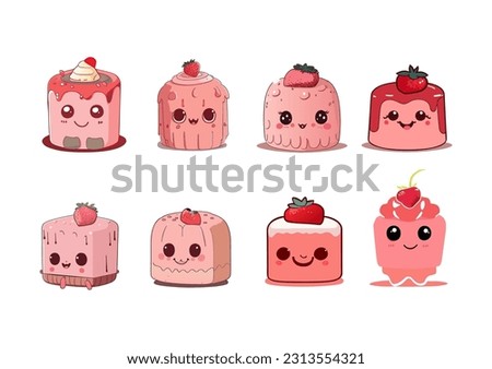 Set of delicious desserts with ripe fresh strawberries. Cake, cupcake, ice cream for confectionery or coffee shop cafe desserts cartoon vector. Cakes Vector Design Illustration