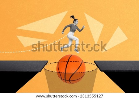 Poster sketch artwork picture collage of funky cheerful girl running jumping through distance big ball isolated on drawing background