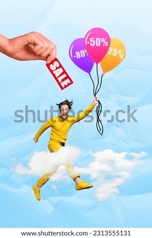 Banner picture image sketch 3d collage of funky crazy happy guy flying sky air rejoice celebrate opening new boutique special offer
