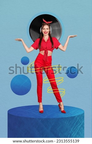 Vertical banner collage of young charming girl wear red headband stylish outfit balance arms vinyl disc party isolated on blue background