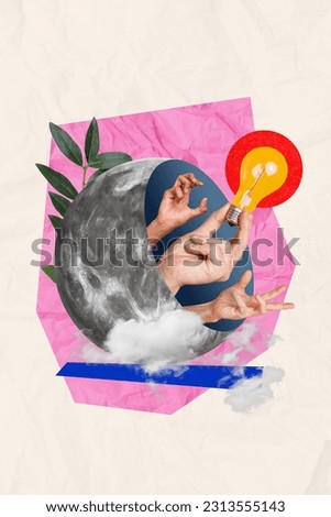 Vertical collage picture of arms inside full moon reach hold light bulb clouds sky plant leaves isolated on creative background