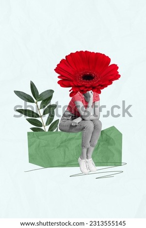 Vertical collage picture of mini black white colors girl big flower instead head plant leaves isolated on creative background