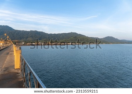 Landscape view on the coast of Koh Lanta, mountain with vegetation, sea, Thailand