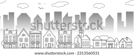 Small town neighborhood line art vector illustration. Small town outline design. Royalty-Free Stock Photo #2313560531