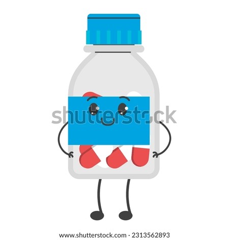 Cute pill bottle character vector isolated. Plastic container full of pills, funny character smiling. Concept of medicine, pharmacy and healthcare.