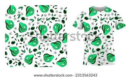 Short sleeved cotton sports t shirt decorated Avocado cutting fruit seamless pattern with leaves and flowers. Comfortable summer clothes. Vector ornament for design of textile and fabric