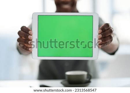 Hands, tablet and green screen mockup for advertising, marketing or branding at office. Closeup hand of person holding technology with chromakey display for advertisement or copy space at workplace