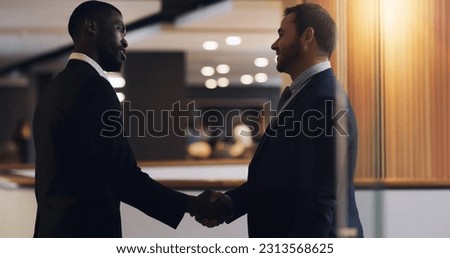 Handshake, partnership deal or corporate people agreement for client investment, b2b contract negotiation or acquisition. Human resources, business hiring and government job interview with HR manager Royalty-Free Stock Photo #2313568625