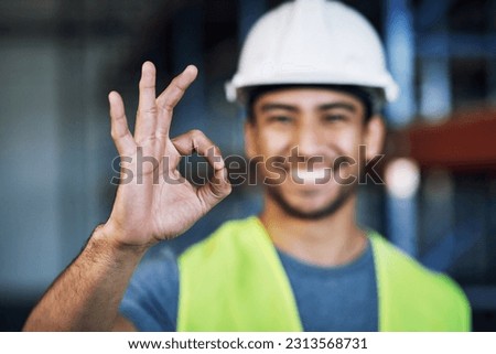 Happy man, architect and hands with okay sign for construction success or good job on site. Hand of male person, engineer or contractor showing OK emoji, yes or perfect gesture for architecture
