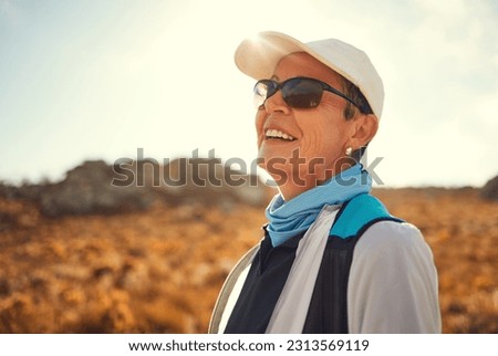 Relax, hiking and thinking with old woman in nature for wellness, fitness and retirement. Happy, freedom and travel with senior hiker trekking in outdoors for environment, adventure and summer Royalty-Free Stock Photo #2313569119