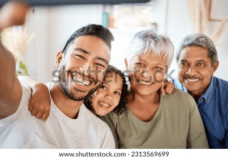 Happy family, portrait smile and selfie in living room for social media, vlog or online post at home. Grandparents, father and child smiling for photo, memory or profile picture together on holiday