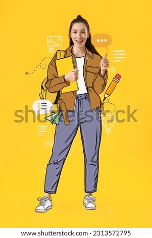 Beautiful female student in drawn clothes on yellow background