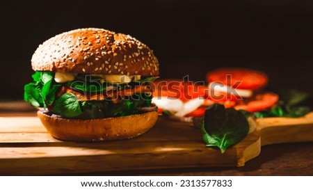 Vegetarian delicious burger photography black
