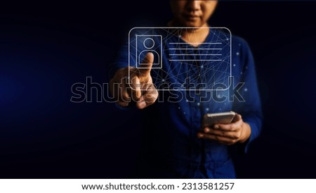 Man touching digital identity card with smartphone on his hand.